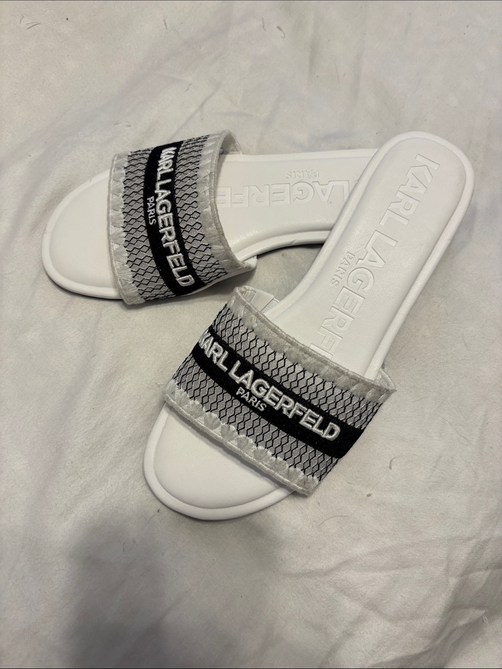 Karl Lagerfeld White Slide Sandals with Black Logo Band NWOT